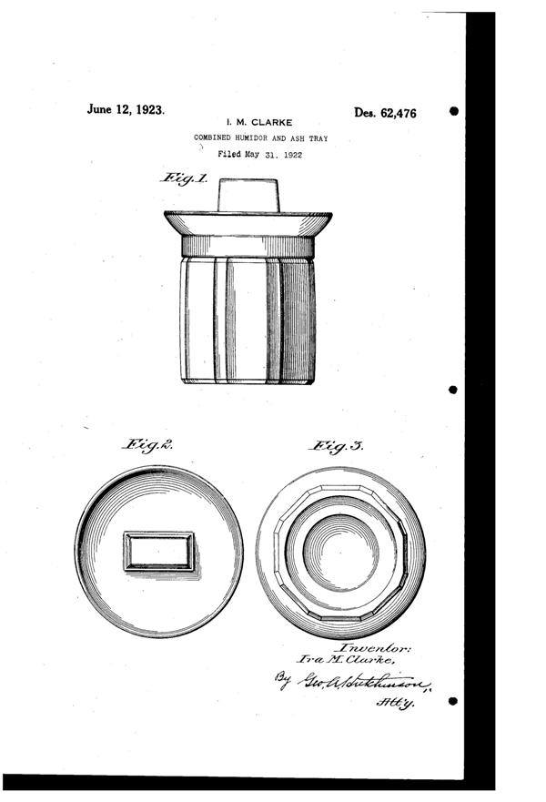New Martinsville # 725 Humidor and Ash Tray Design Patent D 62476-1