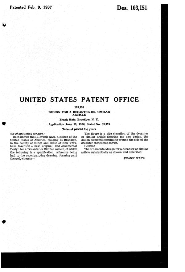 New Martinsville #  42 Radiance Cruet Design Patent D103151-2