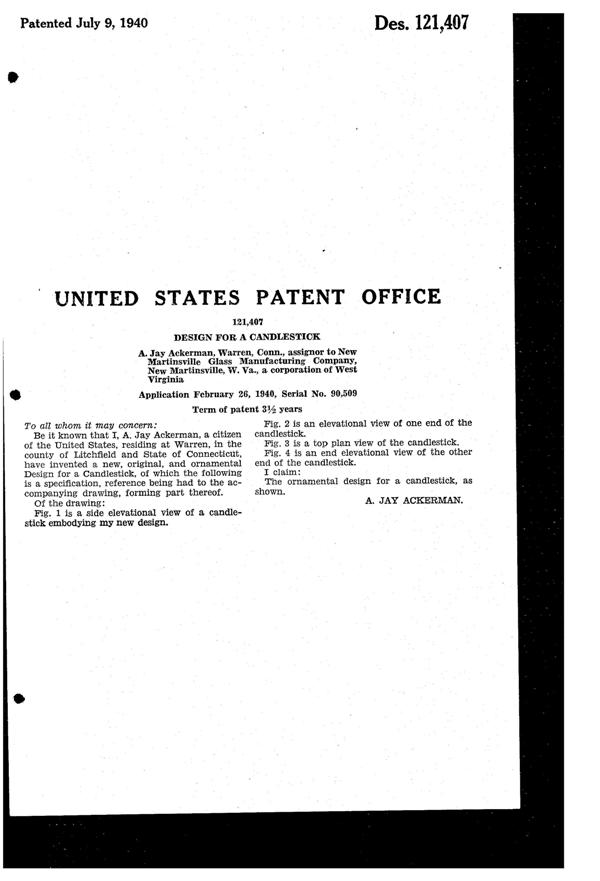 New Martinsville # 415 Candlestick Design Patent D121407-2