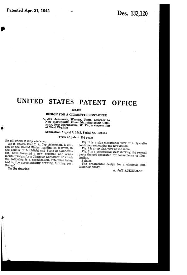 New Martinsville Cigarette Holder Design Patent D132120-2