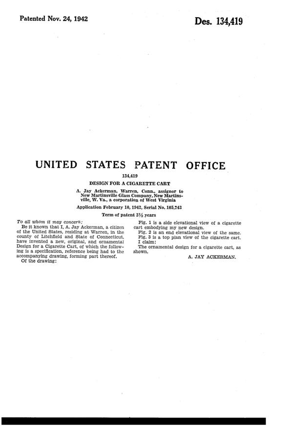 New Martinsville # 508 Cigarette Cart Design Patent D134419-2