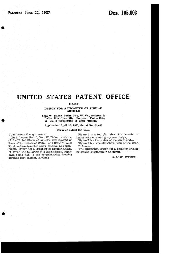 Paden City # 215 Glades Decanter Design Patent D105003-2