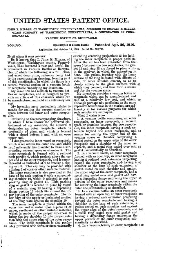 Duncan & Miller Vacuum Bottle Patent  956395-2