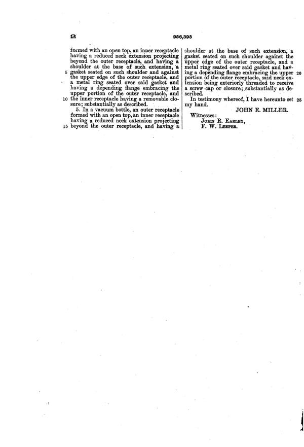 Duncan & Miller Vacuum Bottle Patent  956395-3