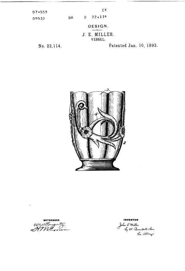 Duncan & Miller #2000 Flowered Scroll Vessel Design Patent D 22114-1