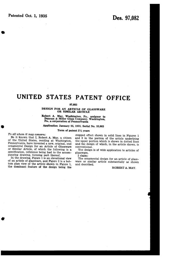 Duncan & Miller # 111 Terrace Tumbler Design Patent D 97082-2