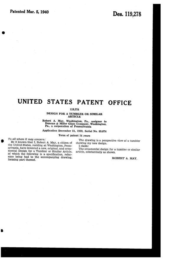 Duncan & Miller # 301 Teardrop Footed Tumbler Design Patent D119278-2