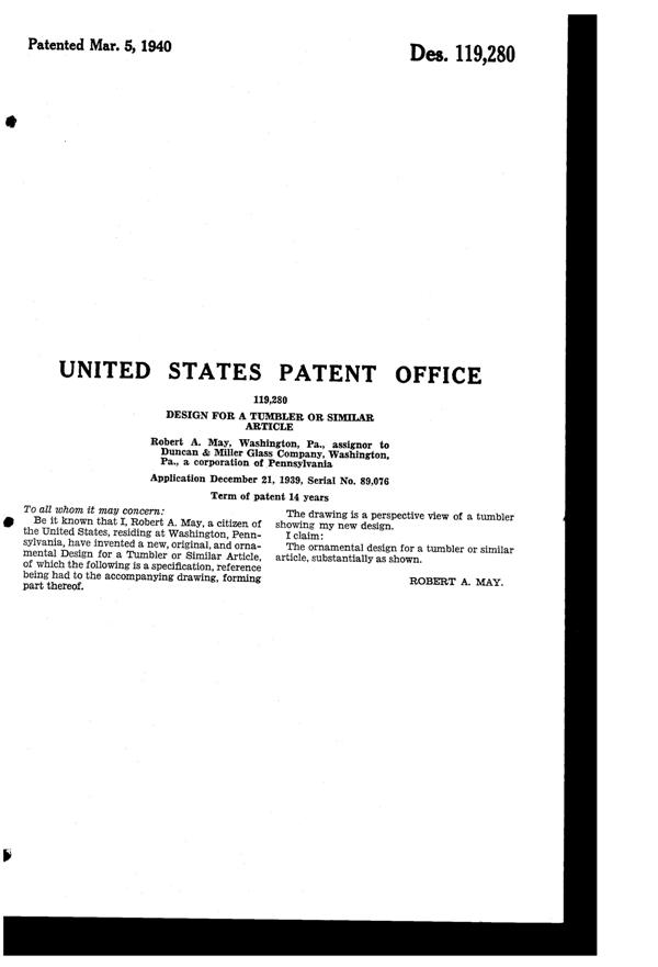 Duncan & Miller # 115 Canterbury Tumbler Design Patent D119280-2