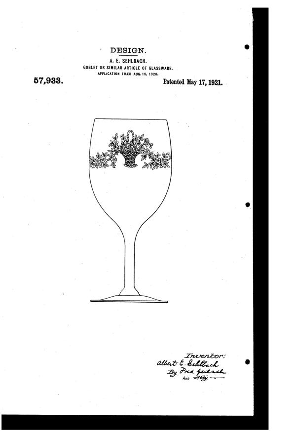 Morgantown Goblet with Hotel Drake Basket Etch Design Patent D 57933-1