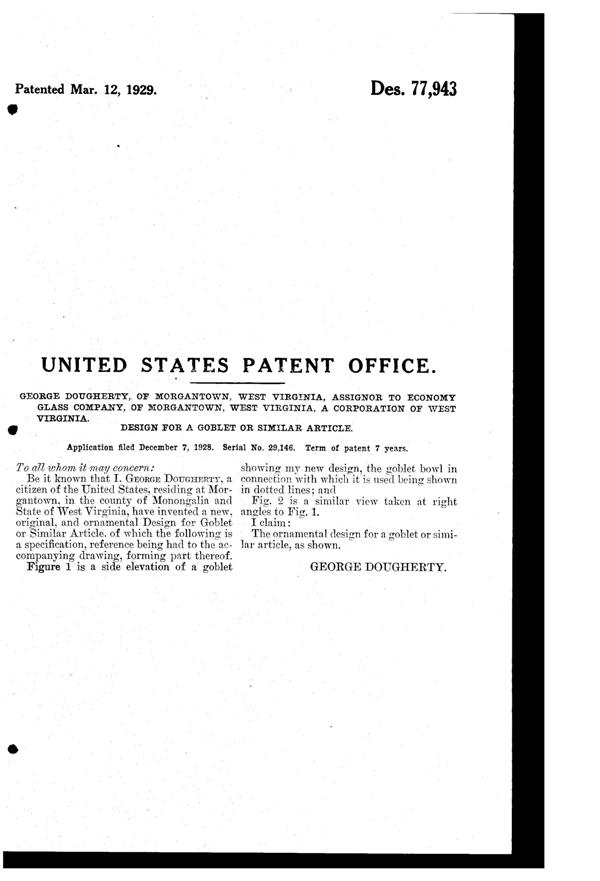 Morgantown #7625 Paramount Goblet Design Patent D 77943-2