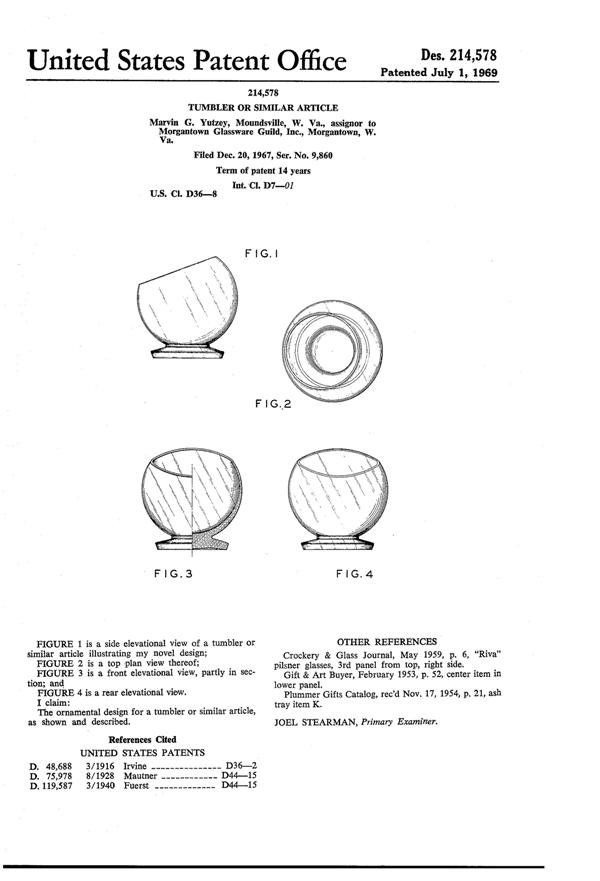 Morgantown #3010 Oddball Tumbler Design Patent D214578-1