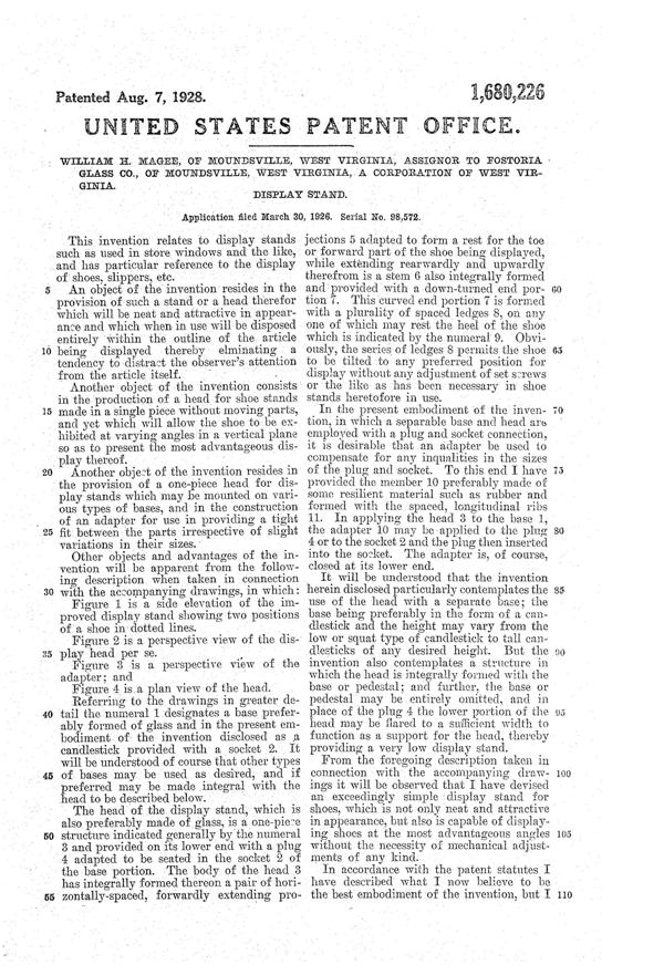 Fostoria Shoe Display Stand Patent 1680226-2