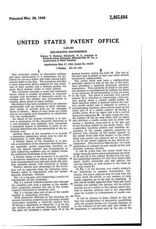Fostoria #2640 Candlestick (Modified) & Bowl Patent 2465684-2
