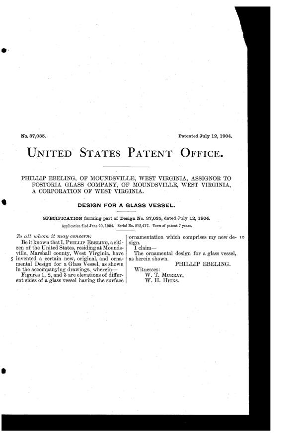 Fostoria Vessel Design Patent D 37035-2