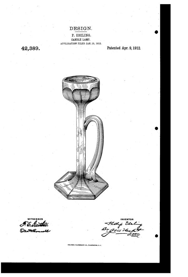 Fostoria Candle Lamp Design Patent D 42389-1