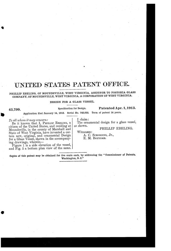 Fostoria #1913 Flemish Vessel Design Patent D 43799-2