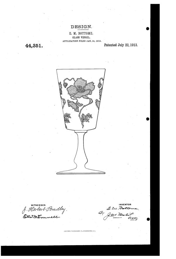 Fostoria # 231 Poupee Etch on #5070 Goblet Design Patent D 44351-1