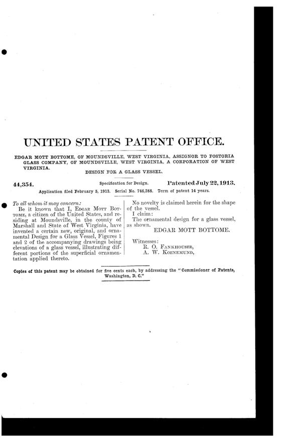 Fostoria # 234 Korn Flower Etch on #880 Goblet Design Patent D 44354-2