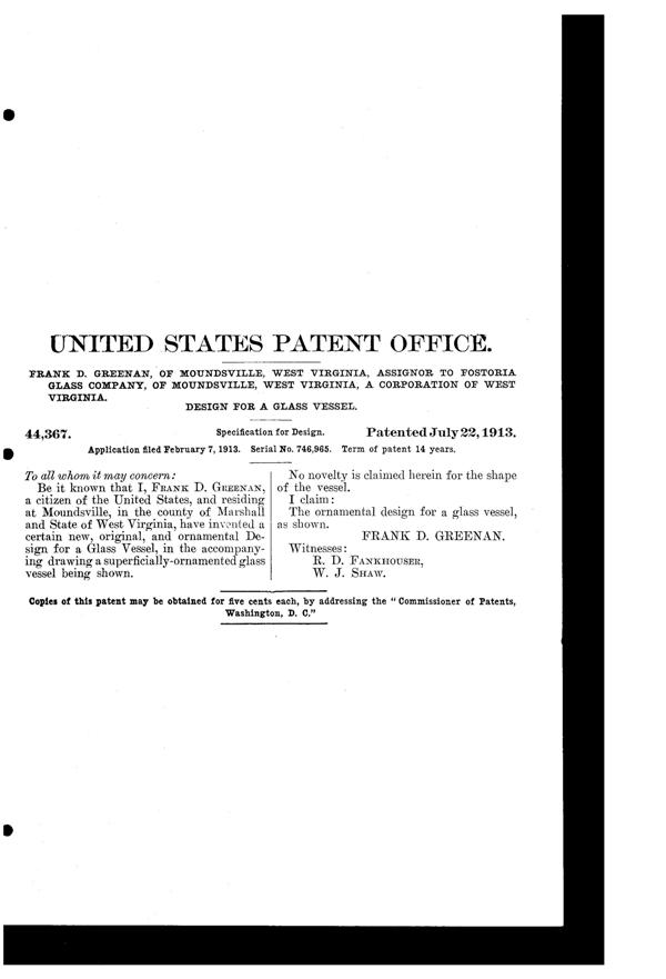 Fostoria #  37 Needle Etch on #820 Tumbler Design Patent D 44367-2