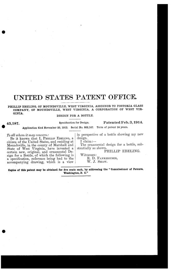 Fostoria Bottle Design Patent D 45187-2
