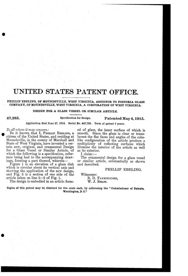 Fostoria #2056 American Bowl Design Patent D 47285-2