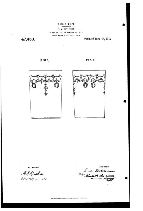 Fostoria # 238 Empire Etch on #820 Tumbler Design Patent D 47450-1