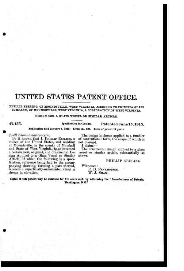 Fostoria #  36 Irish Lace Needle Etch on #820 Tumbler Design Patent D 47455-2