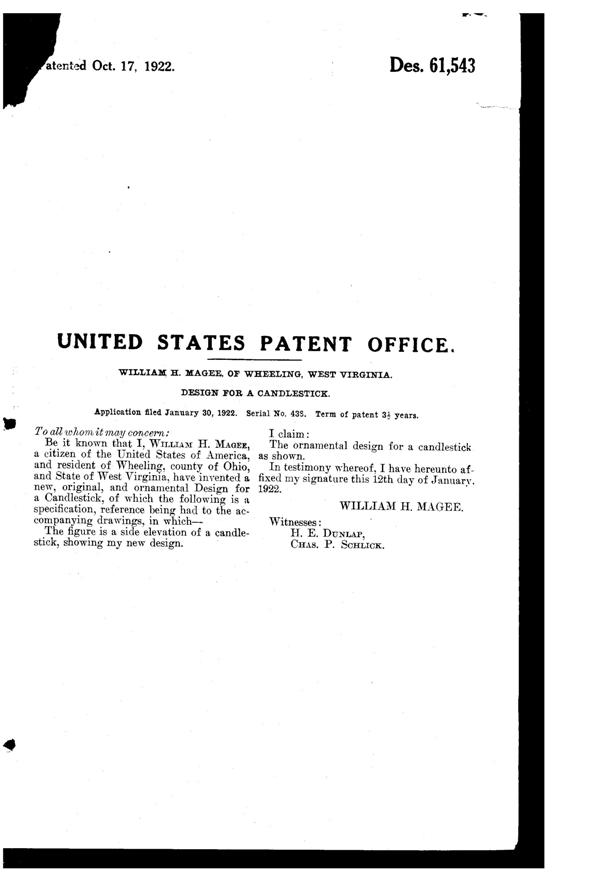 Fostoria Candlestick Design Patent D 61543-2