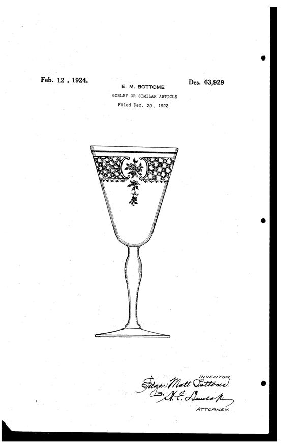 Fostoria # 266 Washington Etch on #660 Goblet Design Patent D 63929-1