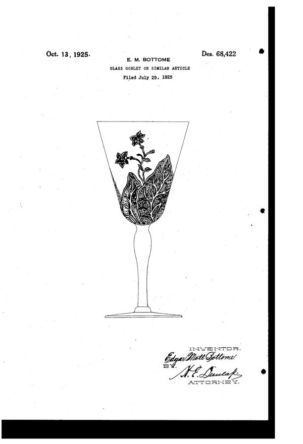 Fostoria # 270 Mystic Etch on #660 Goblet Design Patent D 68422-1