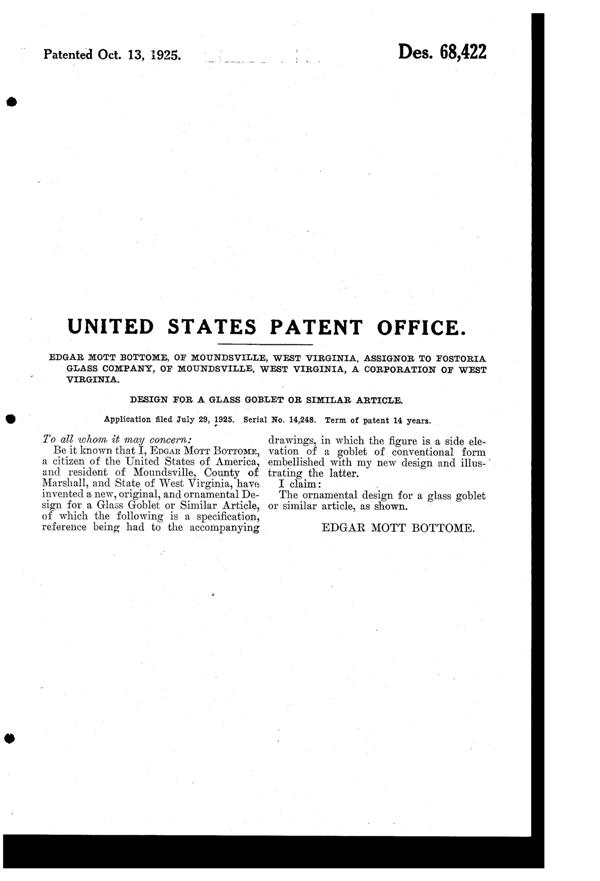 Fostoria # 270 Mystic Etch on #660 Goblet Design Patent D 68422-2