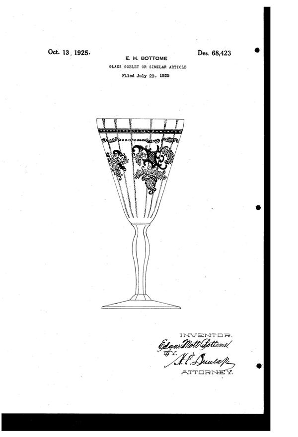 Fostoria # 272 Delphian Etch on #5082 Goblet Design Patent D 68423-1