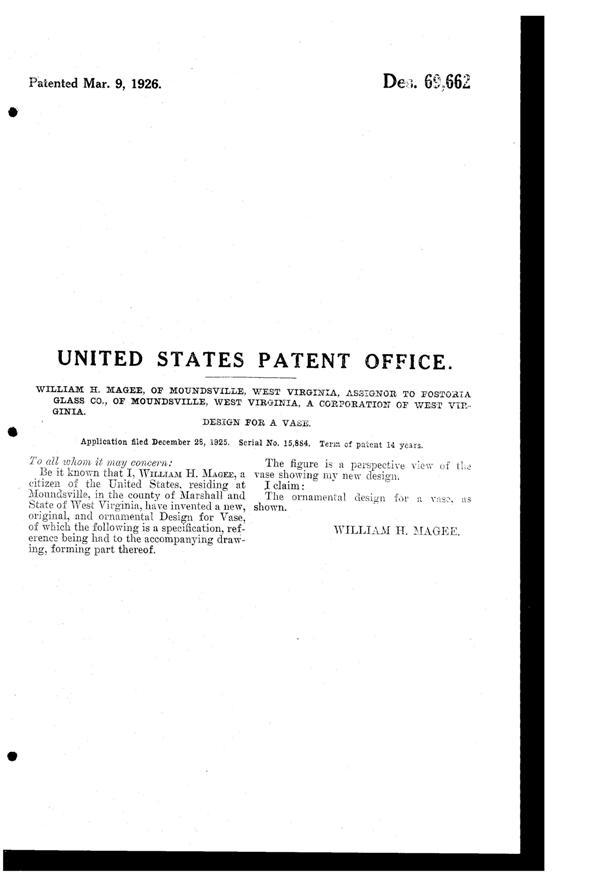 Fostoria #2412 Colony Vase Design Patent D 69662-2