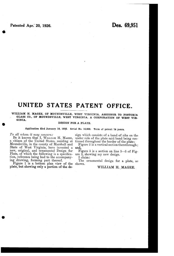 Fostoria Plate Design Patent D 69951-2