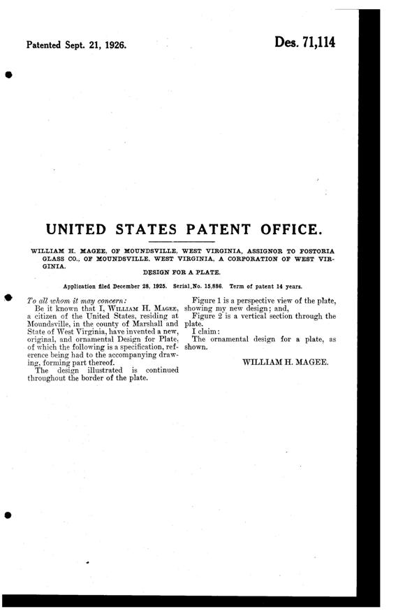 Fostoria #2356 Plate Design Patent D 71114-2