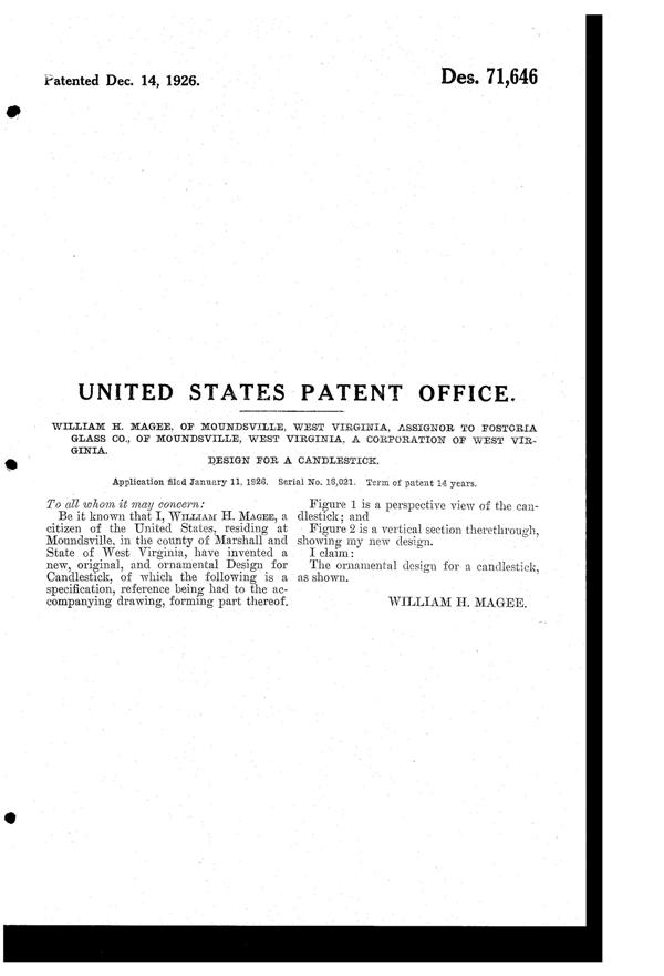 Fostoria #2324 Candlestick Design Patent D 71646-2