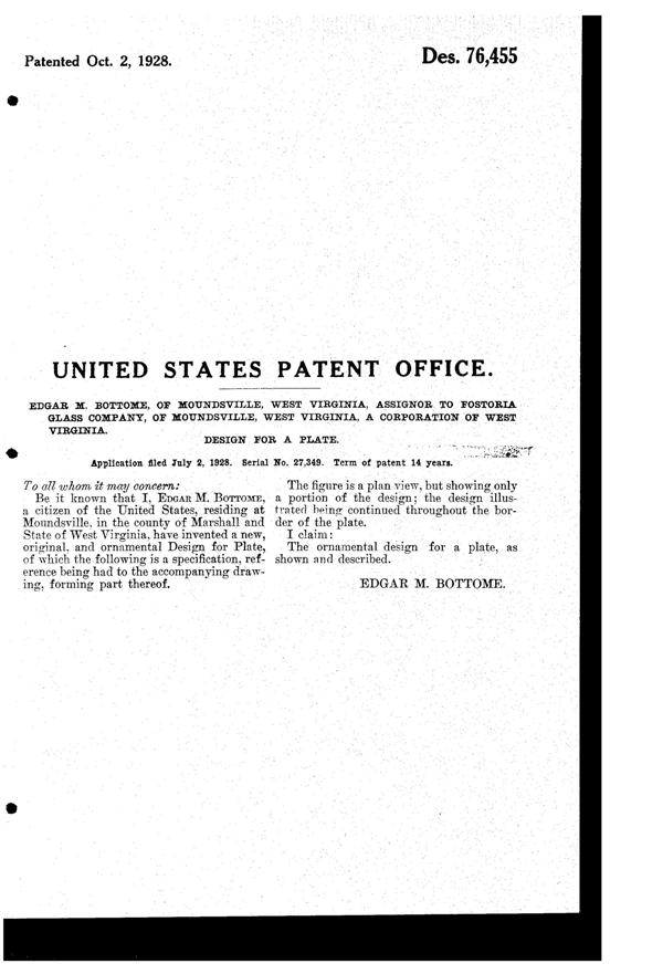 Fostoria # 279 June Etch on #2375 Fairfax Plate Design Patent D 76455-2