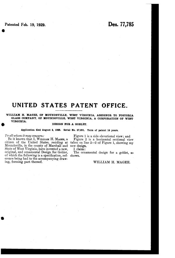 Fostoria #5098 Goblet Design Patent D 77785-2