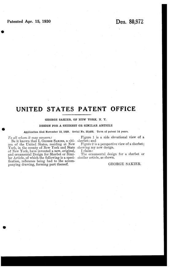 Fostoria #4020 Sherbet Design Patent D 80972-2