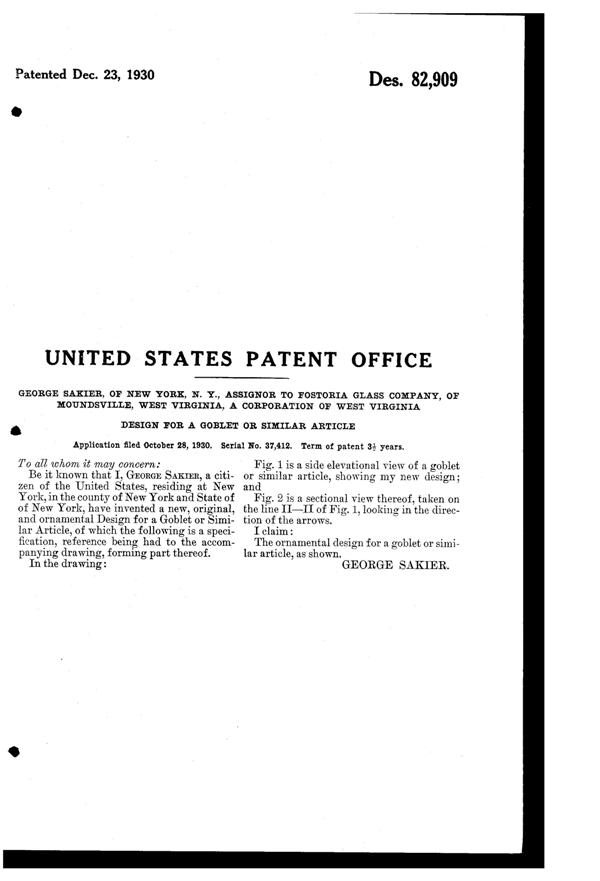 Fostoria #6002 Goblet Design Patent D 82909-2