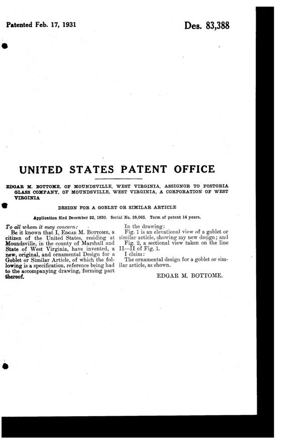 Fostoria #6003 Goblet Design Patent D 83388-2