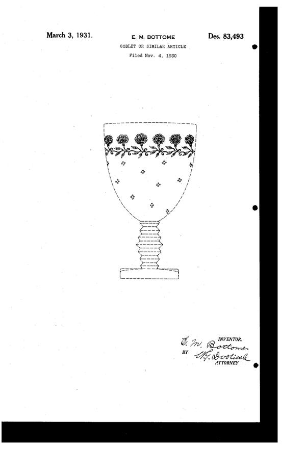 Fostoria # 284 New Garland Etch on #4020 Goblet Design Patent D 83493-1