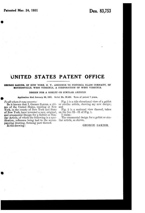 Fostoria Goblet Design Patent D 83753-2