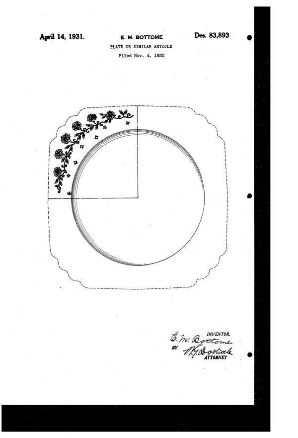 Fostoria # 284 New Garland Etch on #2419 Mayfair Plate Design Patent D 83893-1