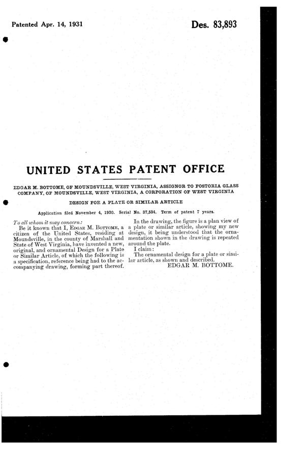 Fostoria # 284 New Garland Etch on #2419 Mayfair Plate Design Patent D 83893-2