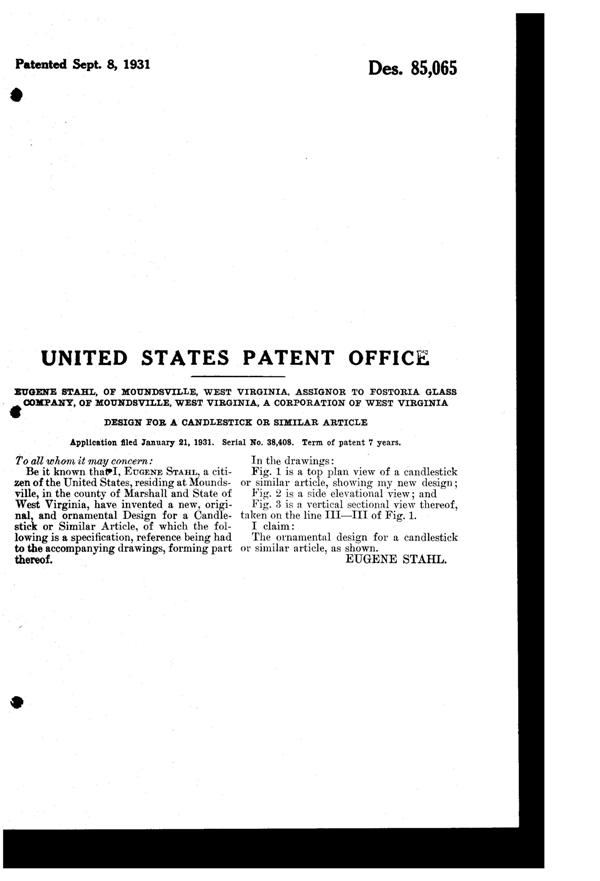Fostoria #2433 Candlestick Design Patent D 85065-2