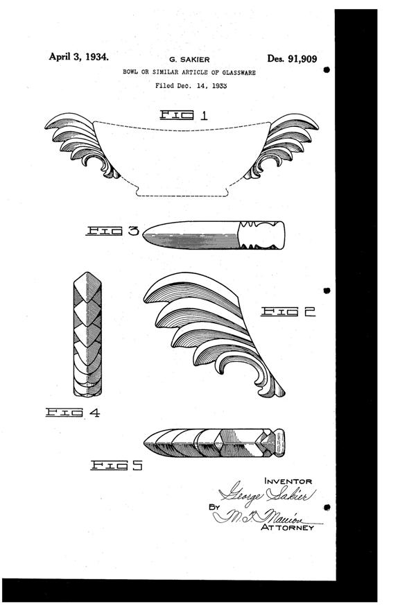 Fostoria #2484 Baroque Bowl Design Patent D 91909-1