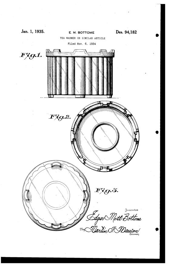 Fostoria #2491 Tea Warmer Design Patent D 94182-1