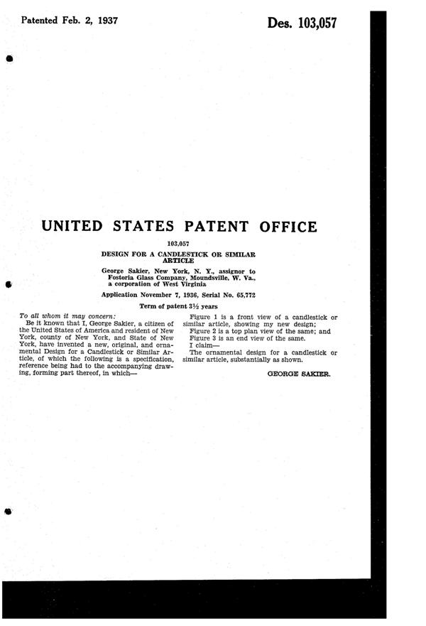 Fostoria #2545 Flame Duo Candlestick Design Patent D103057-2