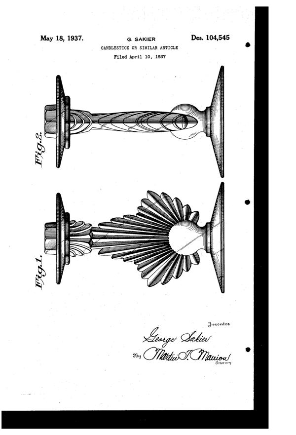 Fostoria #2545 Flame Candlestick Design Patent D104545-1